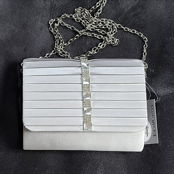 NWT Jessica McClintock Rhinestones Satin Party Clutch Evening Crossbody Bag